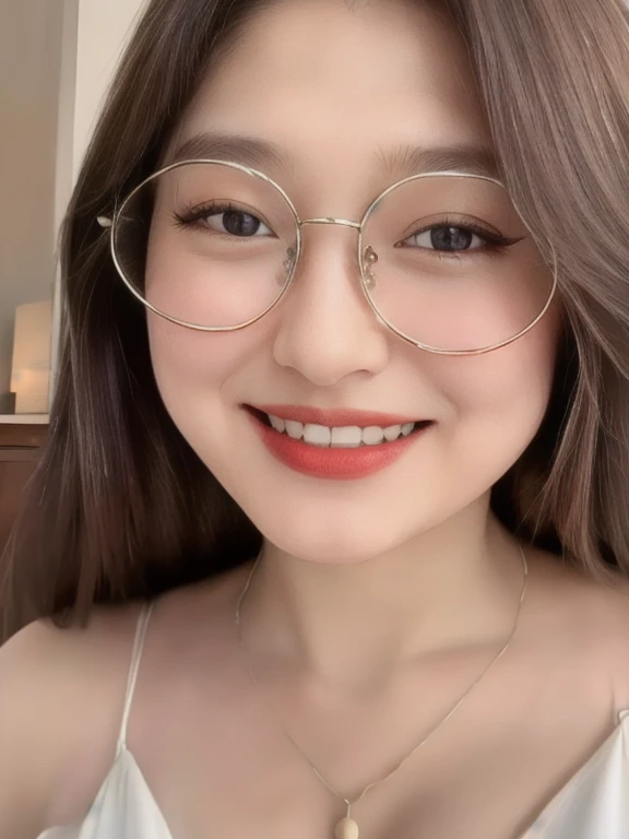 (realistic、masterpiece、Best Quality、8K、highres、high resolution:1.3)、1 glasses girl、Huge breasts、smile, white bikini、pale white skin、looking at viewers、super fine face and eyes、long hair、indoor、 upper body、