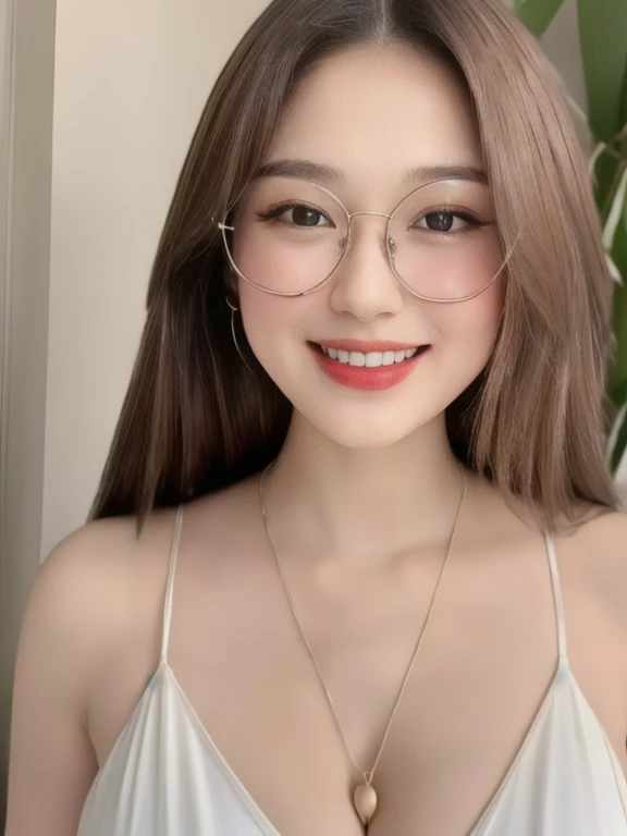 (realistic、masterpiece、Best Quality、8K、highres、high resolution:1.3)、1 glasses girl、Huge breasts、smile, white bikini、pale white skin、looking at viewers、super fine face and eyes、long hair、indoor、 upper body、