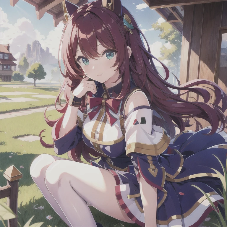 (masterpiece, best quality:1.2), (masterpiece, best quality:1.2), best quality,masterpiece, high res,original, beautiful detailed eyes,ultra-detailed, grass wonder \(umamusume\), 1girl, solo, (starting future), choker, red shorts, short shorts, long sleeves, purple thighhighs, white jacket, vest, garter straps, boots, white footwear, wrist band,shirt,white skirt, over skirt, high heels, looking at viewer,  smile, stage, stage lights, on_stage, concert, glowstick, idol, holding_microphone, microphone, screen, spotlight
 <lora:starting future:0.85> <lora:grass_wonder_lora:0.6:MIDD>