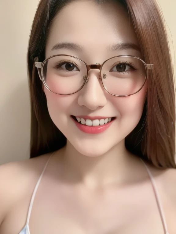 (realistic、masterpiece、Best Quality、8K、highres、high resolution:1.3)、1 glasses girl、Huge breasts、smile, white bikini、pale white skin、looking at viewers、super fine face and eyes、long hair、indoor、 upper body、