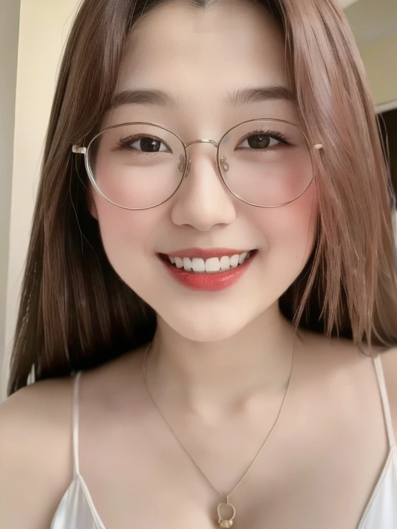 (realistic、masterpiece、Best Quality、8K、highres、high resolution:1.3)、1 glasses girl、Huge breasts、smile, white bikini、pale white skin、looking at viewers、super fine face and eyes、long hair、indoor、 upper body、
