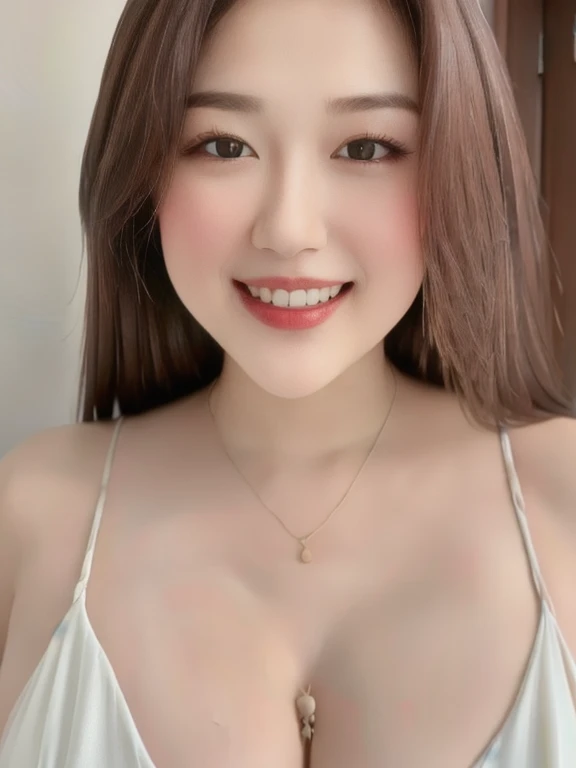 (realistic、masterpiece、Best Quality、8K、highres、high resolution:1.3)、1 girl、Huge breasts、smile、white bikini、pale white skin、looking at viewers、super fine face and eyes、long hair、indoor、 upper body、