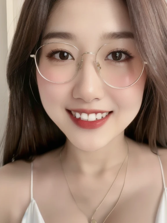 (realistic、masterpiece、Best Quality、8K、highres、high resolution:1.3)、1 glasses girl、smile, Huge breasts、white bikini、pale white skin、looking at viewers、super fine face and eyes、long hair、indoor、 upper body、