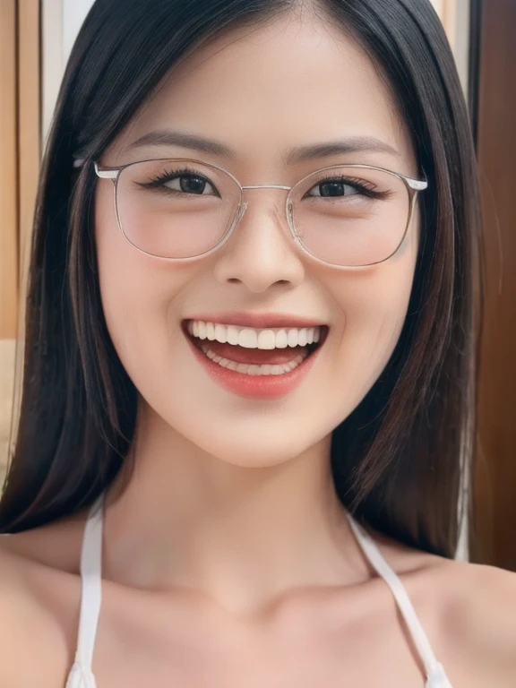 (realistic、masterpiece、Best Quality、8K、highres、high resolution:1.3)、1 glasses girl、smile, Huge breasts、white bikini、pale white skin、looking at viewers、super fine face and eyes、long hair、indoor、 upper body、
