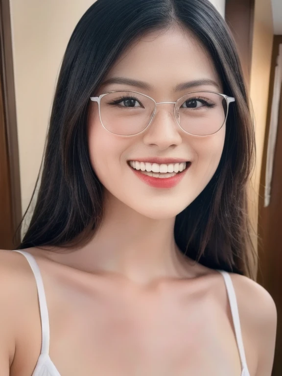 (realistic、masterpiece、Best Quality、8K、highres、high resolution:1.3)、1 glasses girl、smile, Huge breasts、white bikini、pale white skin、looking at viewers、super fine face and eyes、long hair、indoor、 upper body、