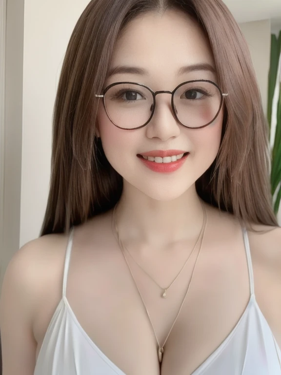 (realistic、masterpiece、Best Quality、8K、highres、high resolution:1.3)、1 glasses girl、smile, Huge breasts、white bikini、pale white skin、looking at viewers、super fine face and eyes、long hair、indoor、 upper body、