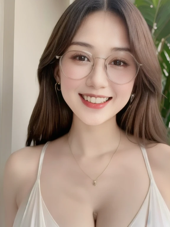 (realistic、masterpiece、Best Quality、8K、highres、high resolution:1.3)、1 glasses girl、Huge breasts、smile, white bikini、pale white skin、looking at viewers、super fine face and eyes、long hair、indoor、 upper body、
