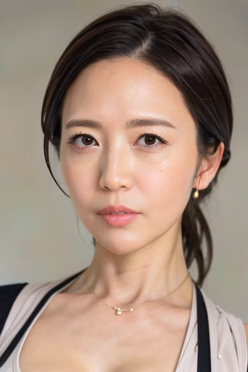 High resolution, High level image quality, high detail, masterpiece, anatomically correct, sharp, gray background((japanese mature, 40 years old)), solo, ((facial wrinkles)), good shape big breasts, Straight light brown hair that reaches to the shoulders, (((stand upright, facing the center of the screen.))), Close your mouth and look straight ahead with a serious face, Sheer leotard, ((cowboy shot))