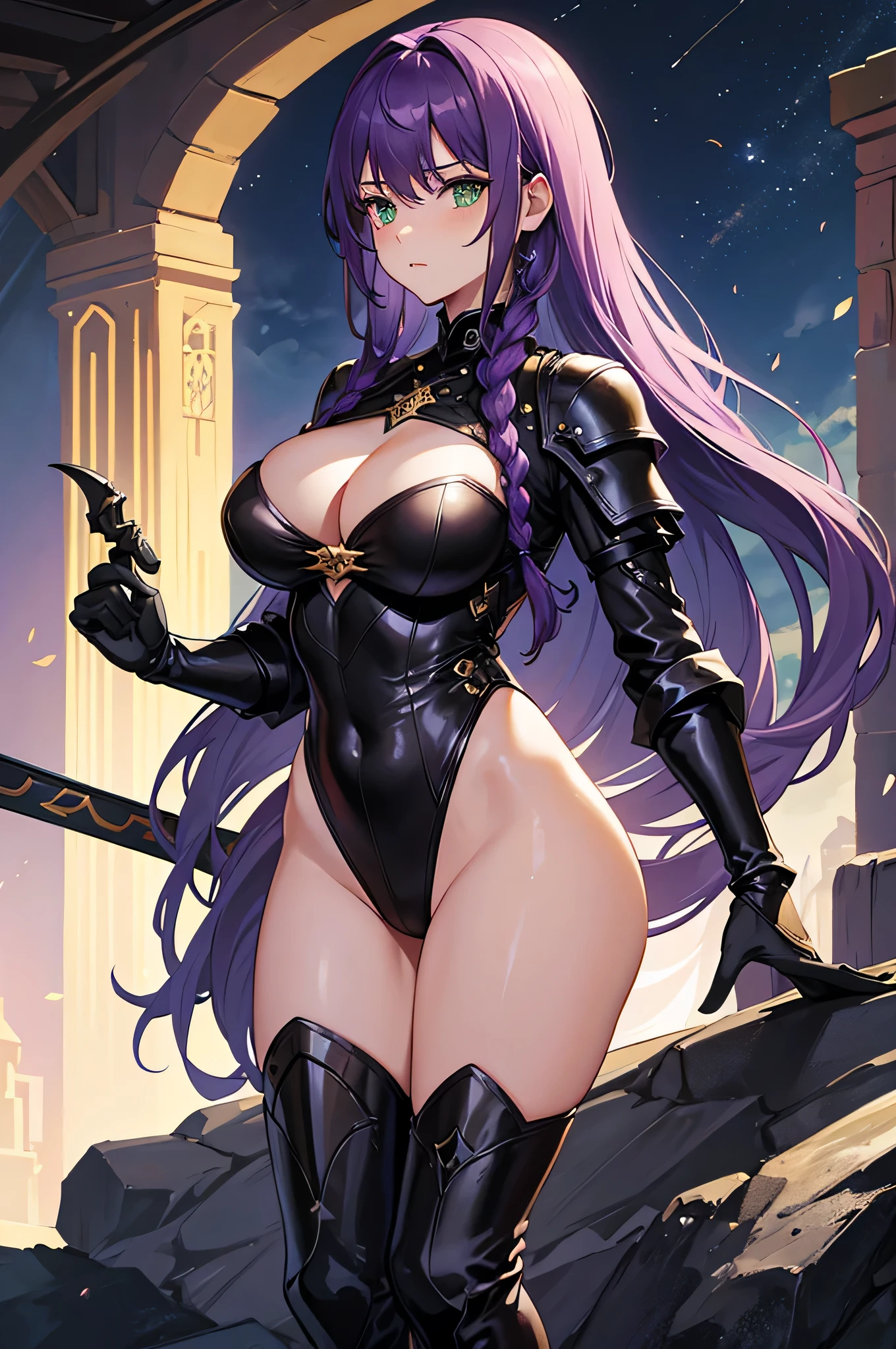 4k,High resolution,one woman,purple hair,long hair,Braid,green eyes,big breasts,knight,Black leotard armor,black color long boots,dragon horn,jewelry embellishments,Large sword,medieval town