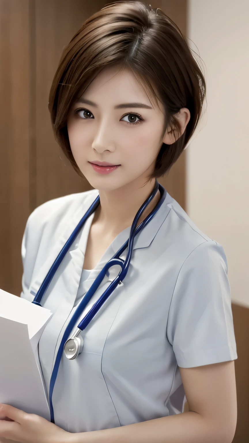 male patient and female、hospital、(masterpiece:1.3), (8K, Photoreal, Raw photo, best image quality: 1.4), Japanese, (1 girl), beautiful face, (lifelike face), (short hair:1.3), beautiful hairstyle, realistic eyes, beautiful eyes, (real looking skin), beautiful skin, Charm, 超A high resolution, surreal, high detail, golden ratio, detail makeup,nurse、nurse、Examination in the examination room、
