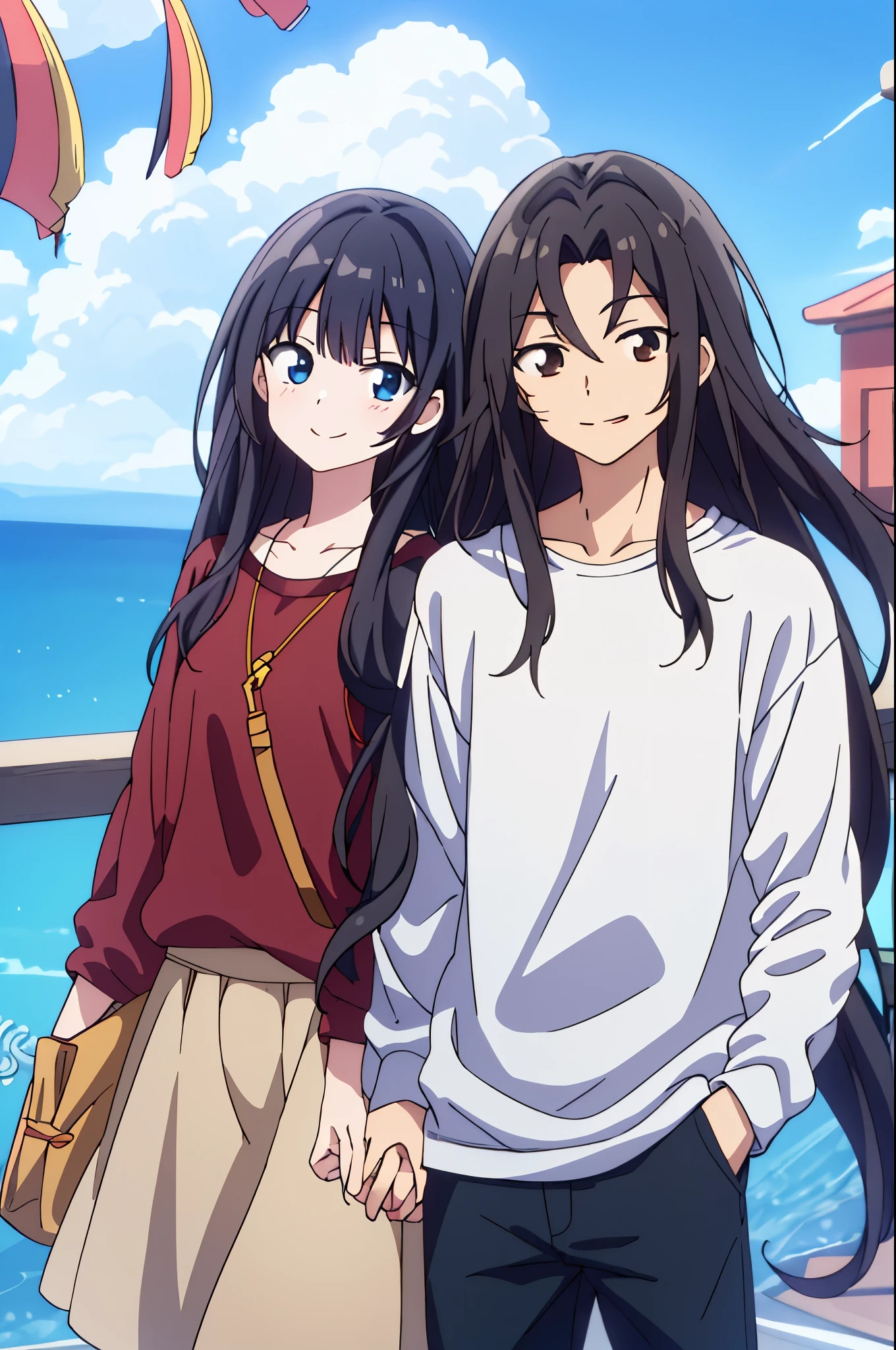 masterpiece, anime, highest quality, 2 him, couple, mature, adult, Height difference, different fashion, different colors, casual clothes, long sleeve, smile, Happy, like, swirling wind, blue sky, Long-haired man, light brown haired man, black haired woman, black haired woman