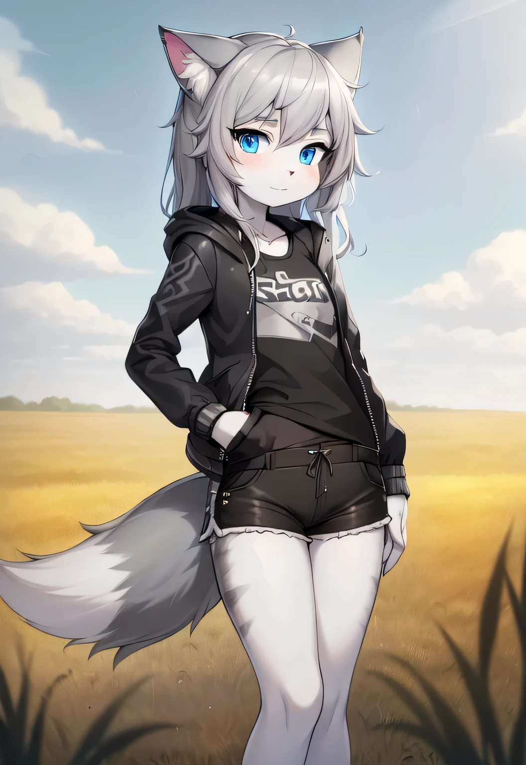 anthro boy cat, long hair, cat tail, solo, furry, furry boy, (girly, young, gray fur, gray body, blue eyes, gray hair:1.2), (black shorts, t-short, jacket, black clothes), (detailed background, cornfield, wind, day, summer, storm, rain, gray background), pose, hand on leg