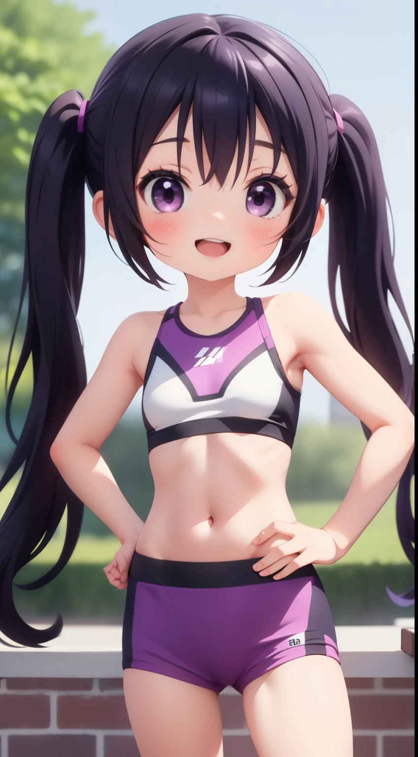 masterpiece, 1girl, solo, smile, smirk, open mouth, (purple black hair), twin tails, race queen, rq, tedeza rize, standing, (hand on own hip), looking at viewer, gym bra and panties, Intricate Iris Details