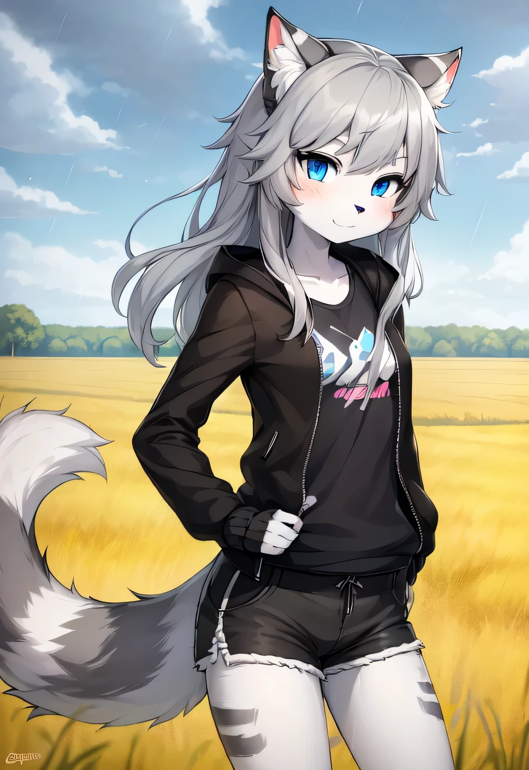 anthro boy cat, long hair, cat tail, solo, furry, furry boy, (girly, young, gray fur, gray body, blue eyes, gray hair:1.2), (black shorts, t-short, jacket, black clothes), (detailed background, cornfield, wind, day, summer, storm, rain, gray background), pose, hand on leg
