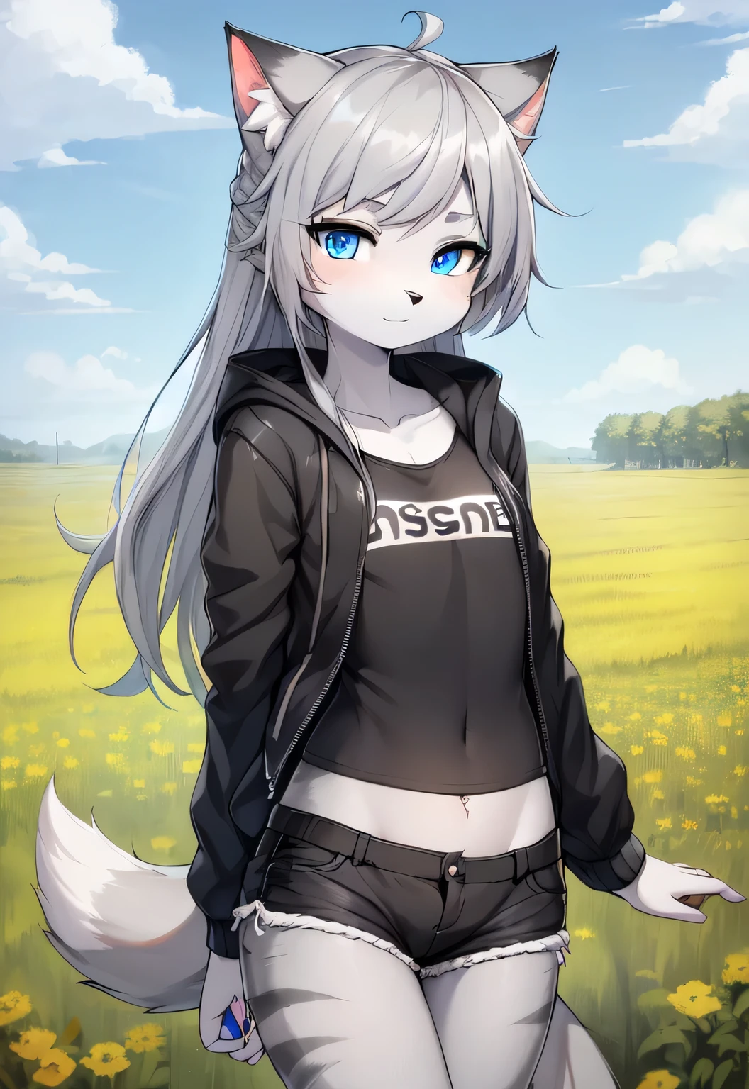 anthro female cat, long hair, cat tail, solo, furry, furry female, (young, gray fur, gray body, blue eyes, gray hair:1.2), (black shorts, t-short, jacket, black clothes), (detailed background, forest, wind, day, summer, small breast), pose, nsfw