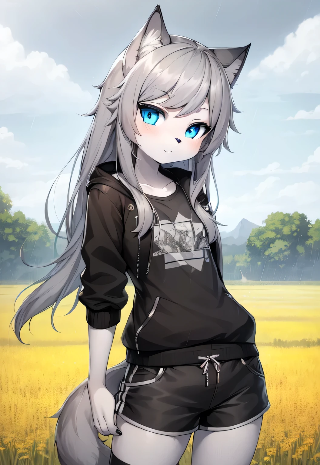 anthro boy cat, long hair, cat tail, solo, furry, furry boy, (girly, young, gray fur, gray body, blue eyes, gray hair:1.2), (black shorts, t-short, jacket, black clothes), (detailed background, cornfield, wind, day, summer, storm, rain, gray background), pose, hand on leg