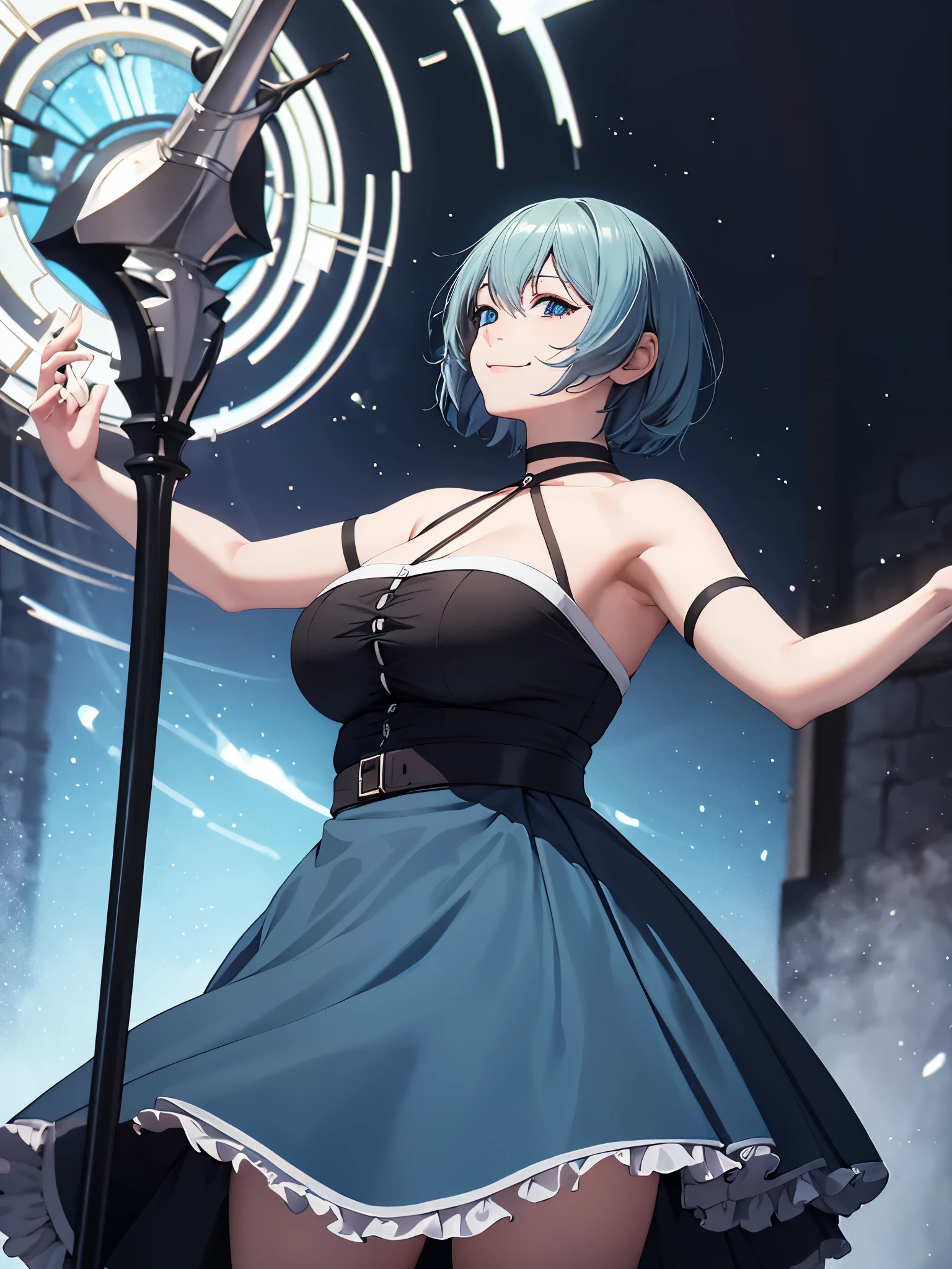 masterpiece, best quality, highres, side view 1girl, short light blue hair, witch, long skirt, black mantle, looking at viewer, ubel, staff, curvy, armpit, smile, mole on face,