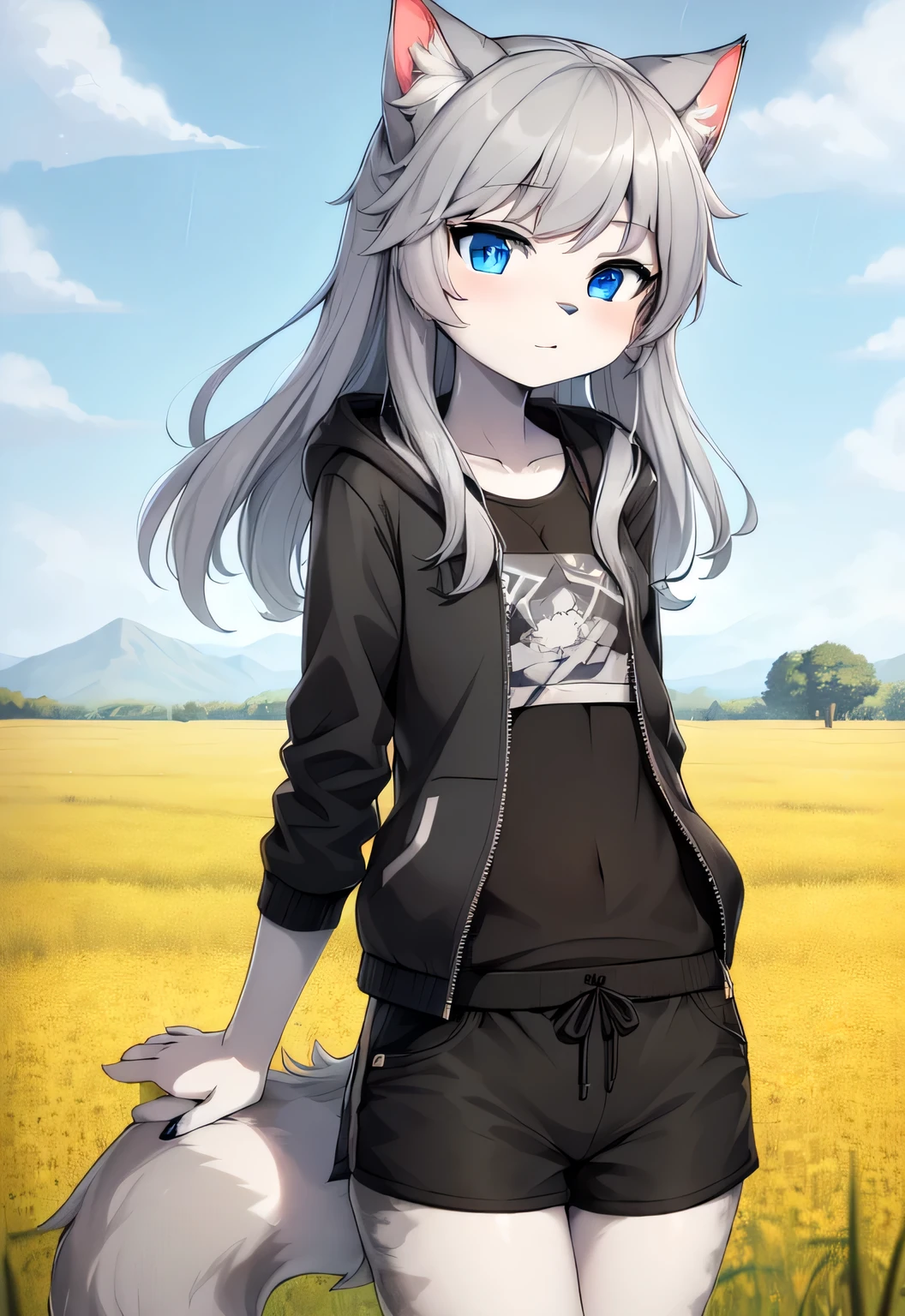 anthro boy cat, long hair, cat tail, solo, furry, furry boy, (girly, young, gray fur, gray body, blue eyes, gray hair:1.2), (black shorts, t-short, jacket, black clothes), (detailed background, cornfield, wind, day, summer, storm, rain, gray background), pose, hand on leg