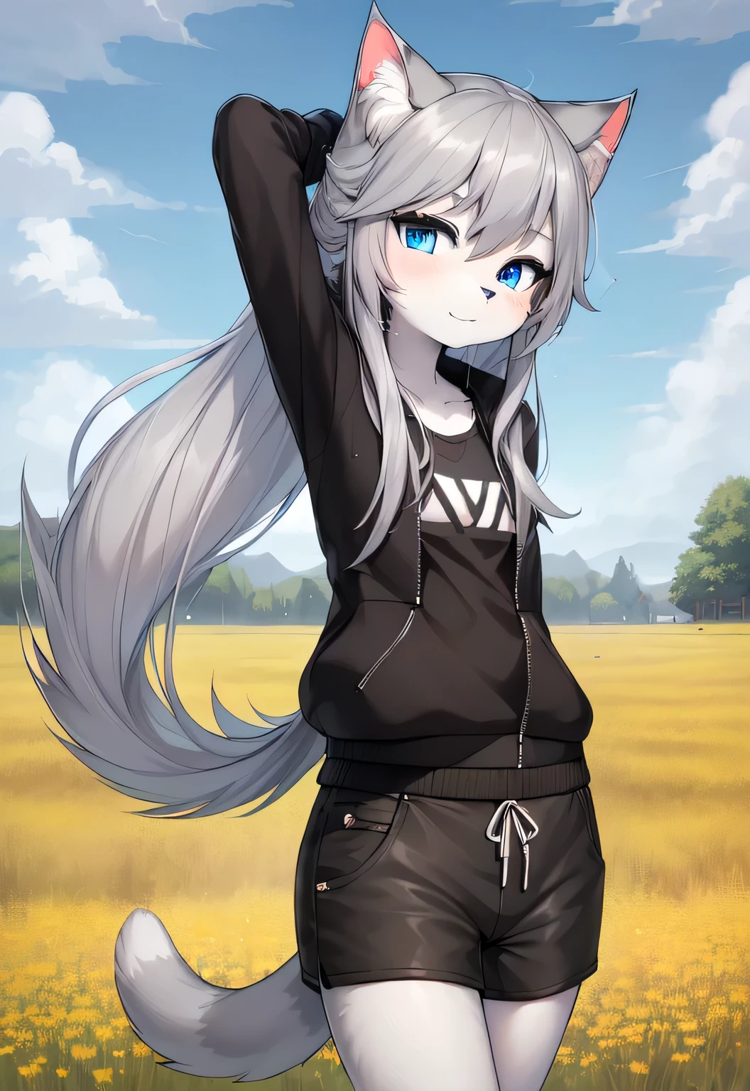 anthro boy cat, long hair, cat tail, solo, furry, furry boy, (girly, young, gray fur, gray body, blue eyes, gray hair:1.2), (black shorts, t-short, jacket, black clothes), (detailed background, cornfield, wind, day, summer, storm, rain, gray background), pose, hand on leg