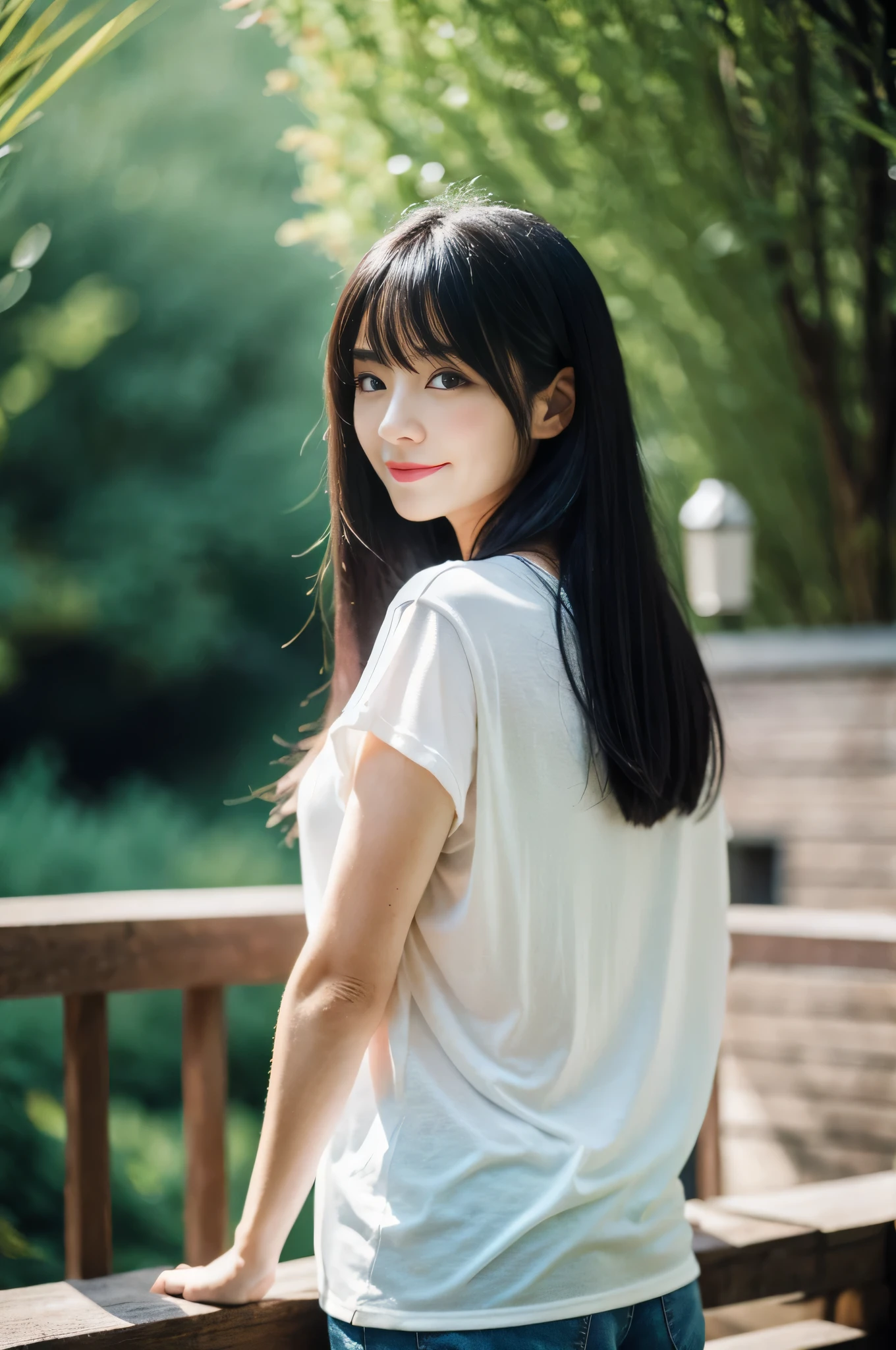 highest quality,masterpiece,32k,realistic,incredibly absurd,Depth of the bounds written、blur background、nature光プロフィール,perfect female body,Photos of beautiful Japanese women,25 year old girl,arched back,nature,long hair,black hair,T-shirt,shorts,Happy,