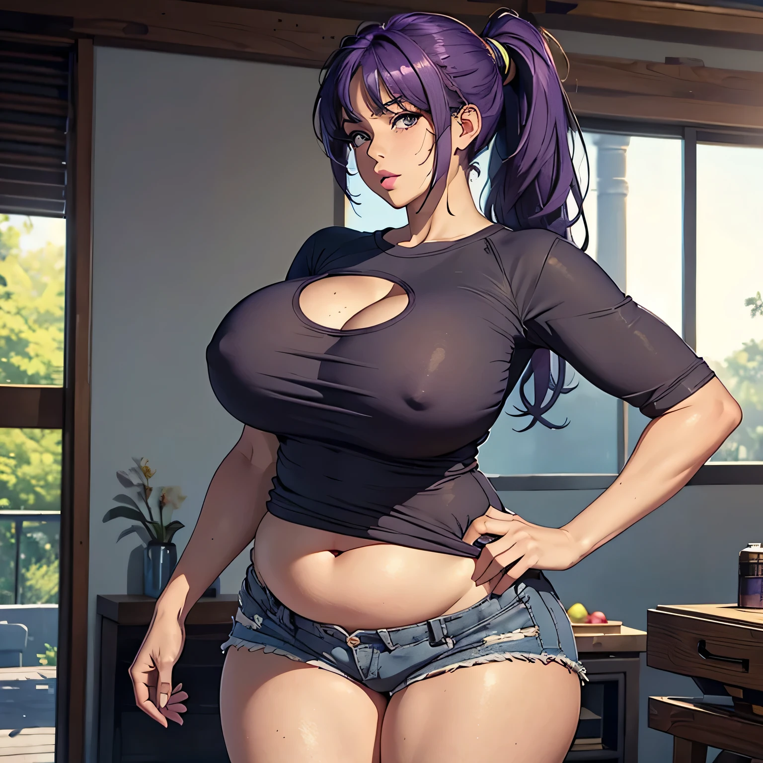 ((best quality)), ((masterpiece)), (detailed), perfect face, very short, plump body, gigantic breasts, fat thighs, looking at camera, purple hair, shaggy ponytail, grey eyes, tan skin, booty shorts, skindentation, tight shirt, plump lips, lips parted, shortstack