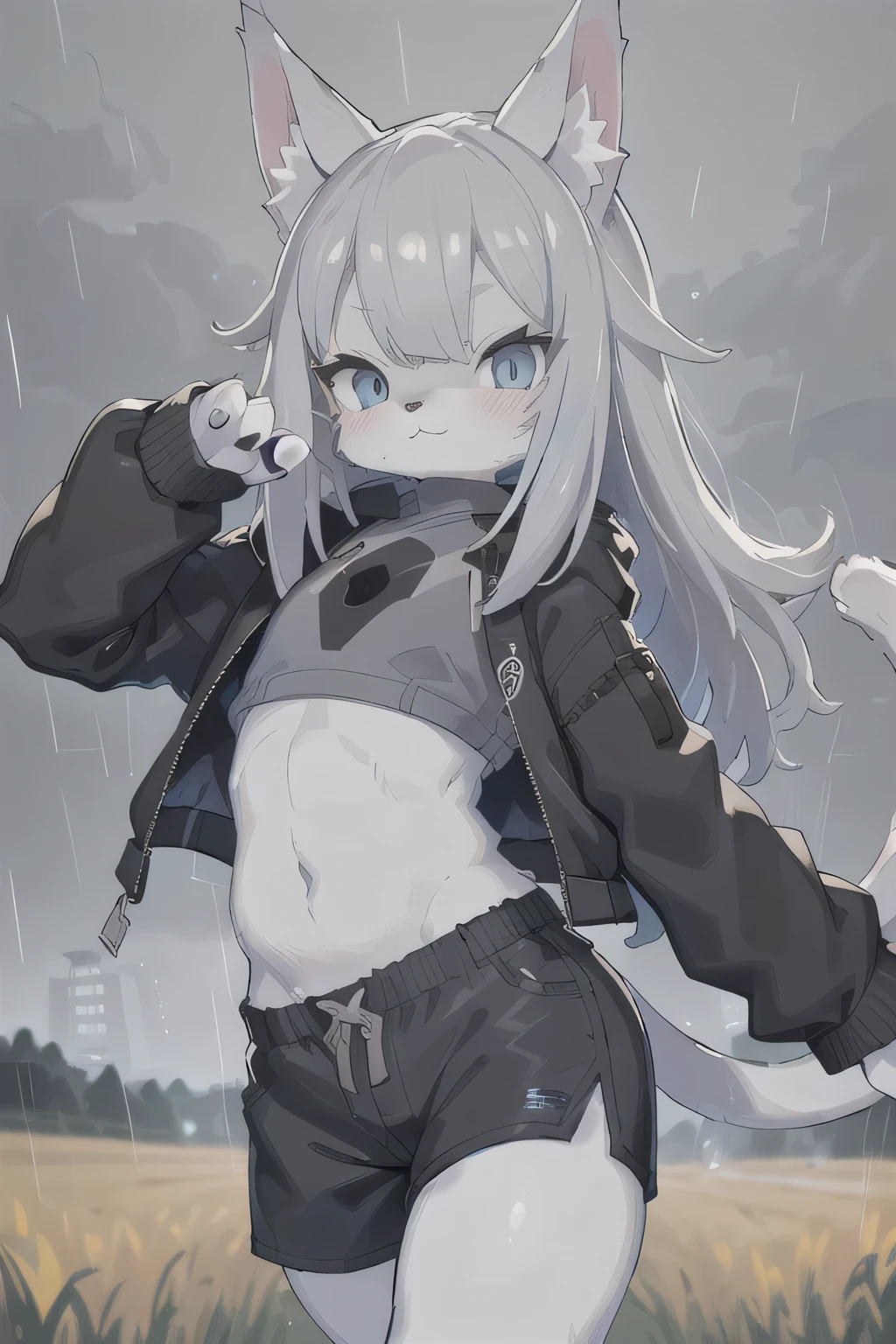 anthro boy cat, long hair, cat tail, solo, furry, furry boy, (girly, young, gray fur, gray body, blue eyes, gray hair:1.2), (black shorts, t-short, jacket, black clothes), (detailed background, cornfield, wind, day, summer, storm, rain, gray background), pose, hand on leg