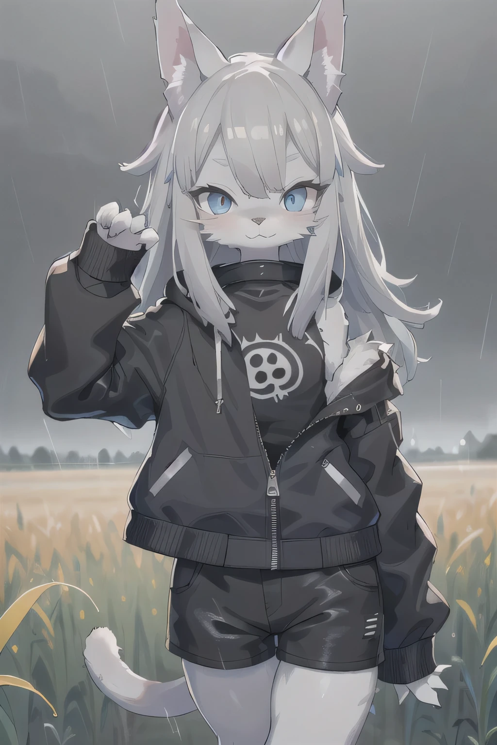 anthro boy cat, long hair, cat tail, solo, furry, furry boy, (girly, young, gray fur, gray body, blue eyes, gray hair:1.2), (black shorts, t-short, jacket, black clothes), (detailed background, cornfield, wind, day, summer, storm, rain, gray background), pose, hand on leg