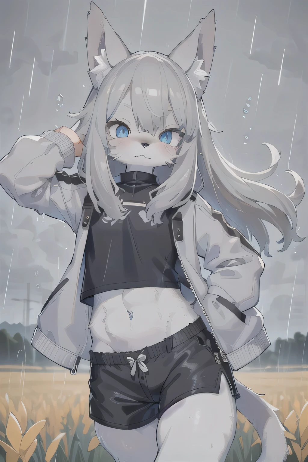 anthro boy cat, long hair, cat tail, solo, furry, furry boy, (girly, young, gray fur, gray body, blue eyes, gray hair:1.2), (black shorts, t-short, jacket, black clothes), (detailed background, cornfield, wind, day, summer, storm, rain, gray background), pose, hand on leg