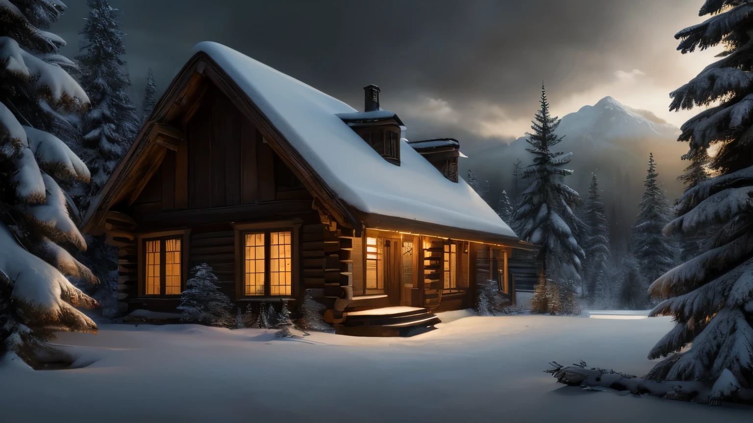 Renaissance style, UHD, perfect composition, ((Extremely realistic)) ((Extremely detailed)) ((anatomically correct)) Low angle shot of a cozy log cabin in a snowy forest, (((Scenery))), (Dark) and ((Ominous)) theme, greg rutkowski, Robert Oxley, concept art, vfx, intricate, high detail, 8k resolution, hyperrealistic, chiaroscuro, full body shot, complex, textured, trending on /r/art, anatomically correct, octane render, fantasy, medieval, very beautiful, atmospheric perspective, hard lighting, epic, powerful, rule of thirds, -ar 16:9, -stylize 60000, -quality 5, Detailed face, photorealistic