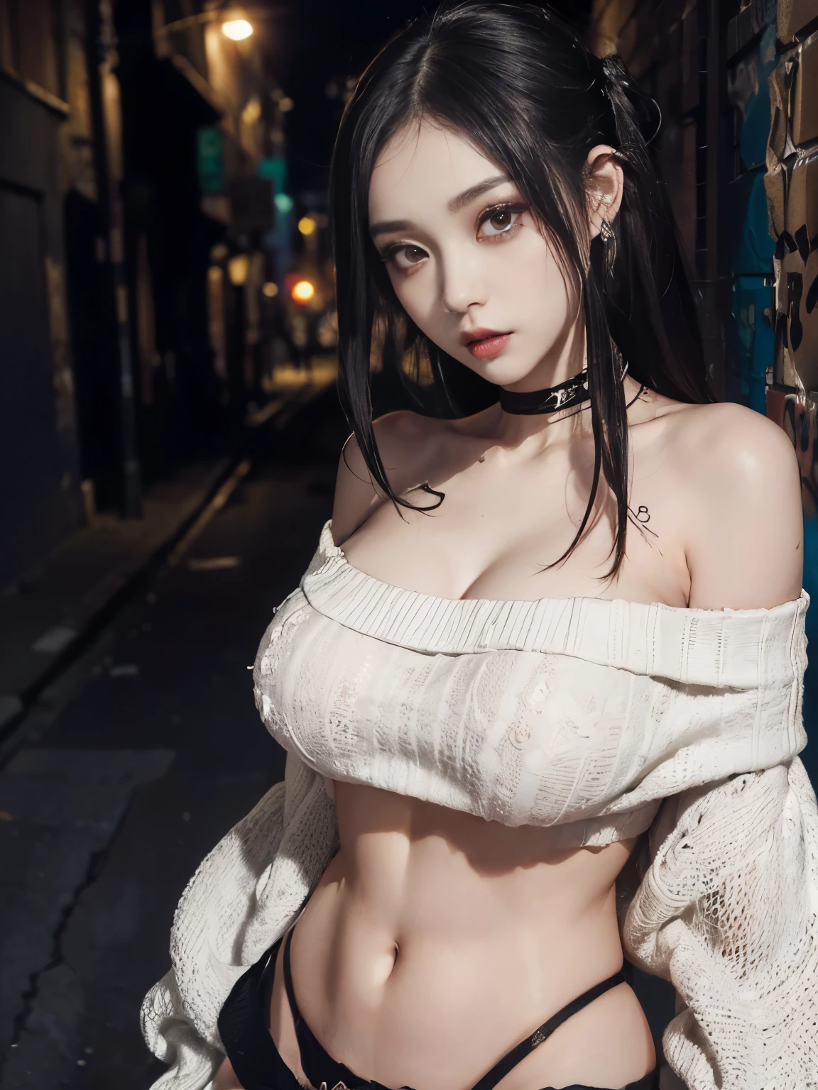 Raw photo, 8K, (highest quality), realistic, (real picture, intricate details), (natural skin texture, fine skin, hyper realism, sharpness), (Japanese  girl standing in a dirty back alley at night, graffitied wall:1.3, sexy pose), ((white oversized knit sweater, off shoulder, black shorts)), (((big breasts:1.5))), (pale skin:1.2), ((dark makeup、goth makeup、Ulzzang makeup)), (fascinating face, provocative look, parted lips:1.3), thigh, graffiti:1.5, trash can, at night, spot lighting:1.3, full body shot、garter belt & fishnet