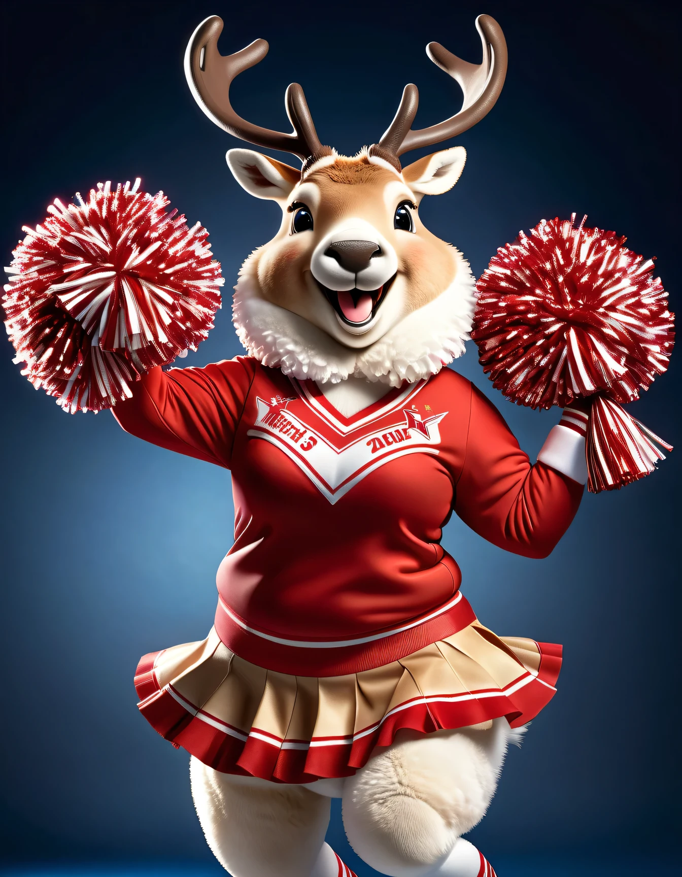 photorealistic portrait of Dressed animals - a ((fat) reindeer cheerleader,(cheer dancing:2.0),(jumping:2.0),(big smile),(), high quality,(lovely) ,intricate details, highly detailed ((cheer costume)) ,highly detailed cheer clothes, holding pom-pom in hands,(passion) , highly detailed , (happy), studio lighting,(full body image:1.5)