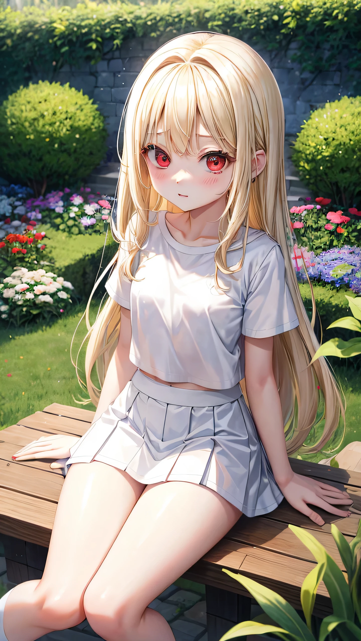 I'm 、blonde、medium long hair、red eyes、two cute girls、alone、and soul、white t-shirt、mini skirt、white panties、透き通るwhite skin、white skin、beautiful skin、beautiful feet、slim legs、garden、sit on top