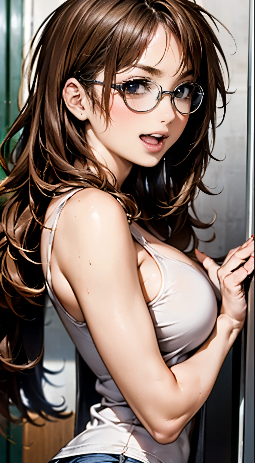 (masterpiece:1.2, highest quality), ultra high resolution, Super detailed, (realistic, photorealistic:1.4), beautiful illustrations, perfect lighting, colorful, Depth of written boundary,
looking at the viewer, whole body, Front view:0.6, 1 girl, alone, Japanese, university student, (big breasts:0.8, big ass, seductive thighs, skin dents),
(long hair:1.5, messy hair:1.7), light gray hair, asymmetrical bangs, emerald green eyes, (shiny skin),
beautiful hair, beautiful face, highly detailed face, thin and beautiful eyes, beautiful clavicle, beautiful body, beautiful breasts, beautiful thighs, beautiful feet, beautiful fingers,
(graduate school:1.8, chemical experiment, researcher:1.6)
((yellow tank top, doctor's white coat:1.8, hot pants, round glasses)), barefoot, (smile, open your mouth),
