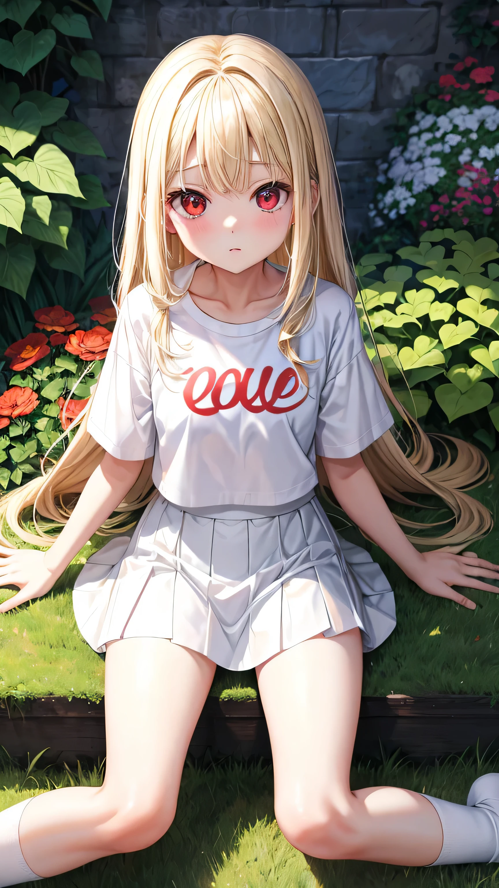 I&#39;m 11 years old、blonde、medium long hair、red eyes、two cute girls、alone、and soul、white t-shirt、mini skirt、white panties、透き通るwhite skin、white skin、beautiful skin、beautiful feet、slim legs、garden、sit on top