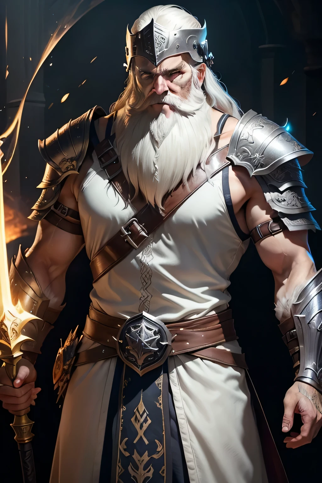 Um velho, homem barbudo com barba branca, vestindo armadura arcana. (Melhor qualidade,ultra-detalhado), rosto envelhecido, long flowing white beard, design de armadura intrincado, desgastado e desgastado pela batalha, aura misteriosa, intense gaze, detalhes intrincados do capacete, ancient symbols engraved on the armor, pulseiras de couro desgastadas, metallic luster, cicatrizes de batalha, vestes de mago por baixo da armadura, Equipe de poder, magic glow, dramatic lighting, fundo escuro, epic fantasy theme