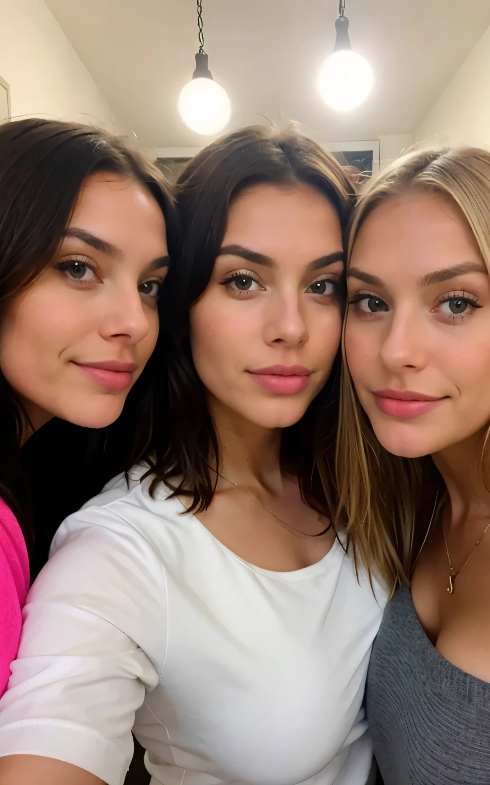 Four girls taking selfies: one brunette with blonde hights and one blonde girl . girls are all busty