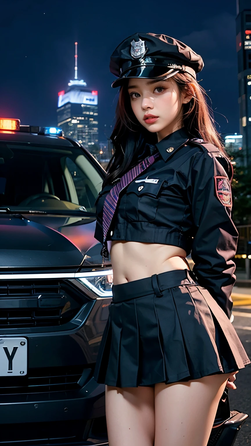 Standing casually in front of vehicle, armed, ideal tits, police hat, black pink cropped police uniform, stomach, skirt, street skyscraper in night background