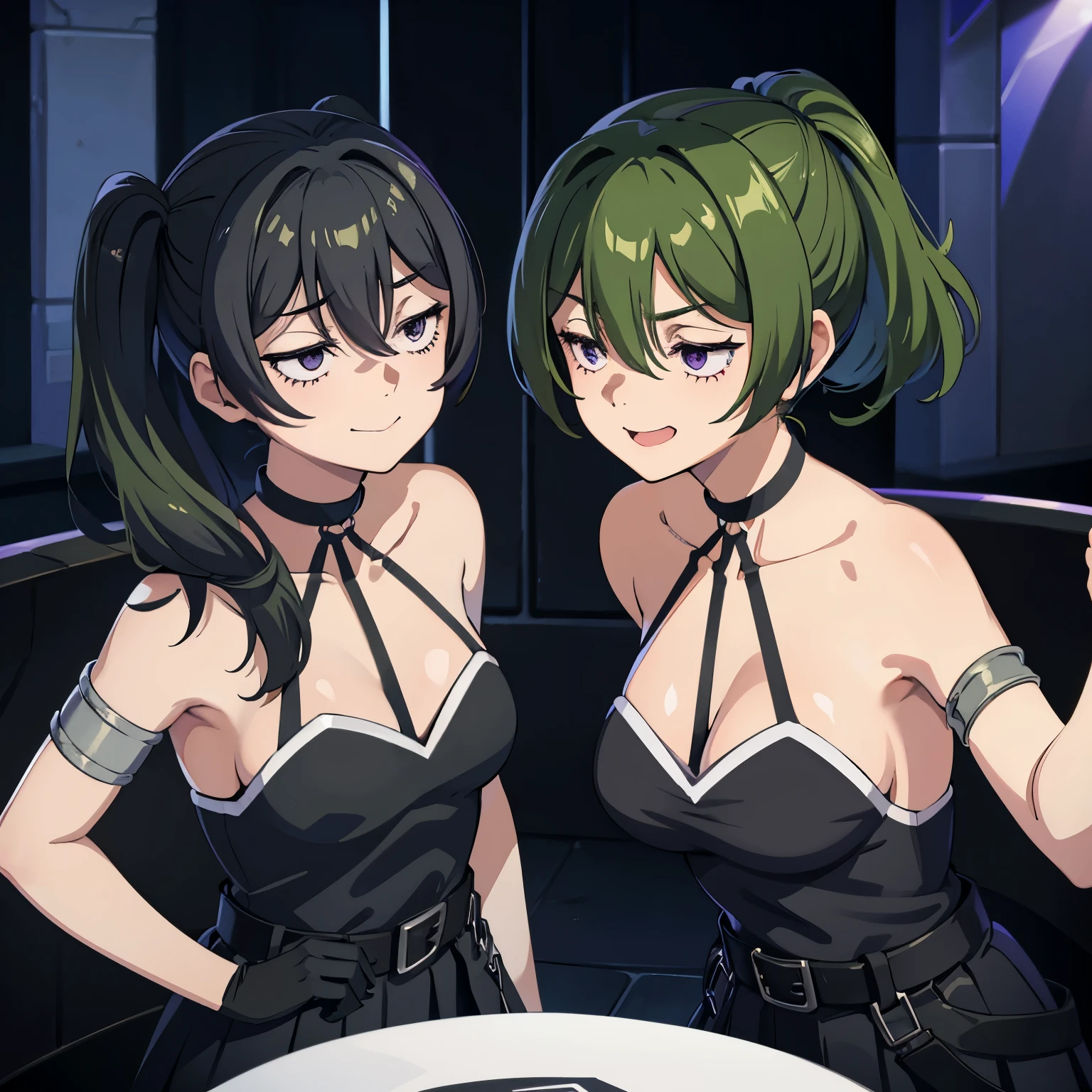 core_9, score_8_up, score_7_up, score_6_up, score_5_up, score_4_up, source_anime, screenshot, Uber, 1 girl, green hair, bangs, hair between the eyes, side ponytail, purple eyes , black choker, collarbone, sleeveless , black dress, sleeveless dress, halter neck, pleated skirt, black gloves, smile, half-closed eyes, whole body, angry face, fighting scene, holding a magic wand, drawn picture