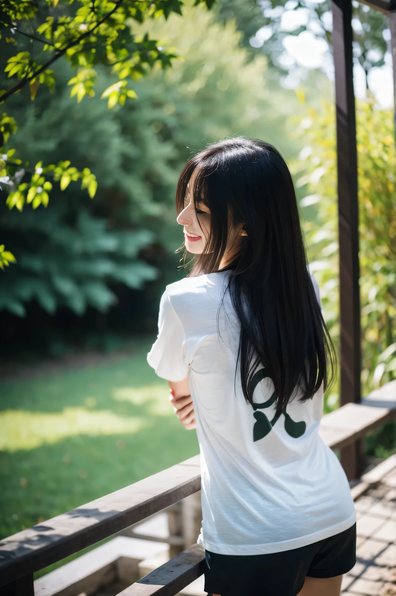 highest quality,masterpiece,32k,realistic,incredibly absurd,Depth of the bounds written、blur background、nature光プロフィール,perfect female body,Photos of beautiful Japanese women,25 year old girl,turn your arms behind your back,nature,long hair,black hair,T-shirt,shorts,Happy,