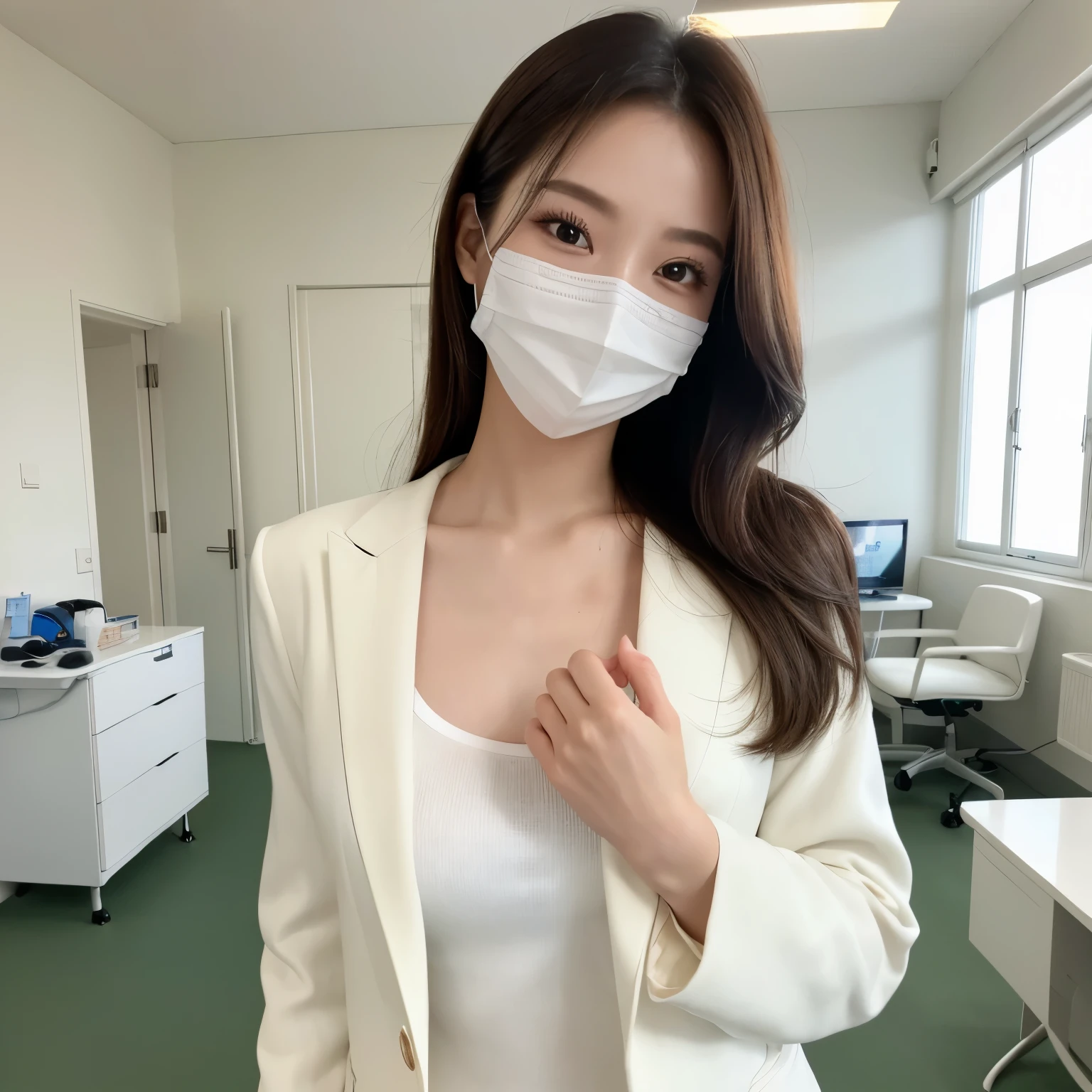 (highest quality、table top、8K、best image quality、Award-winning work)、one beautiful woman、(solo:1.1)、(The perfect and most natural pure white lab coat:1.1)、(white mask:1.1)、The most natural and perfectly organized hospital room、A perfectly organized hospital room、The most natural and practical hospital room、The most elegant and clean hospital room、blurred background、big breasts、emphasize body line、(Standing gracefully:1.1)、(photo on the chest:1.3)、the best smile looking at me、accurate anatomy、(Beautiful skin that shines very brightly:1.4)、(very bright:1.4)、Ultra high definition glossy skin、Super high-definition sparkling eyes、Super high quality hair