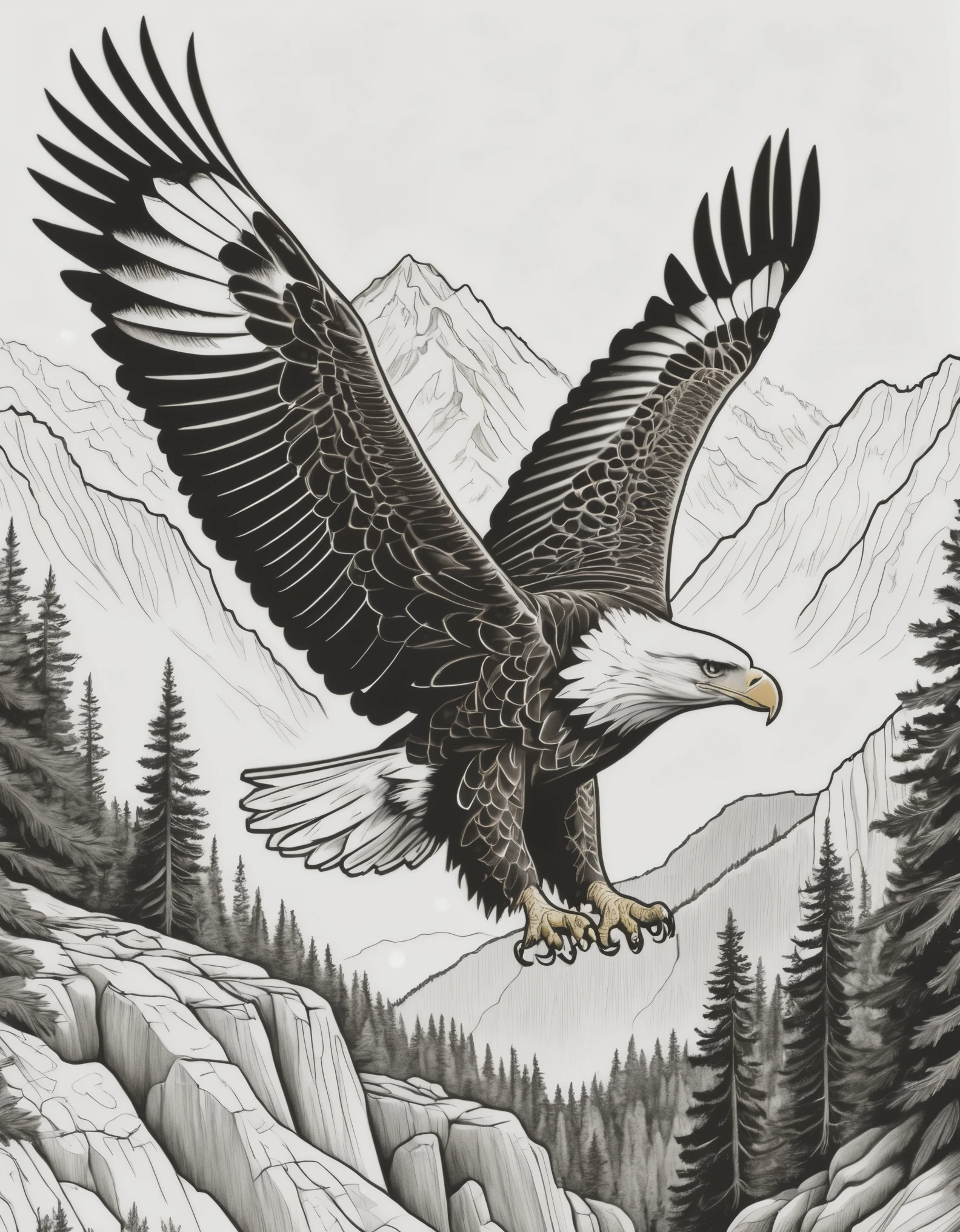 A highly detailed and hyper-detailed 8K drawing of an eagle flying in the forest massifs and mountains without colors, line drawing, Pixar style for a coloring book, detailed background of coastal areas and rocky areas of North America, ColoringBookAF, coloring books on blank white background, Redmond coloringbook, without colors