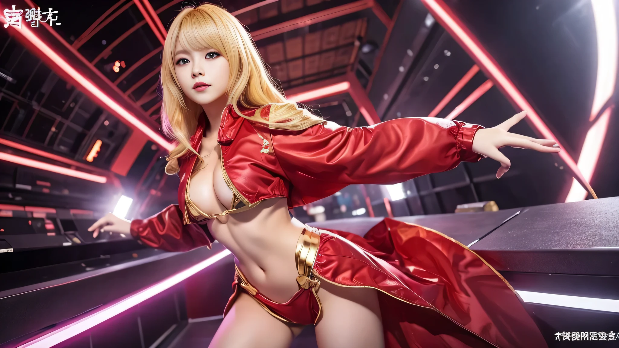 gorgeous idol、whole body、good style、、、、、gold and red costume、blonde hair、cyber building、for mini,perfect body,(lie:1.3)