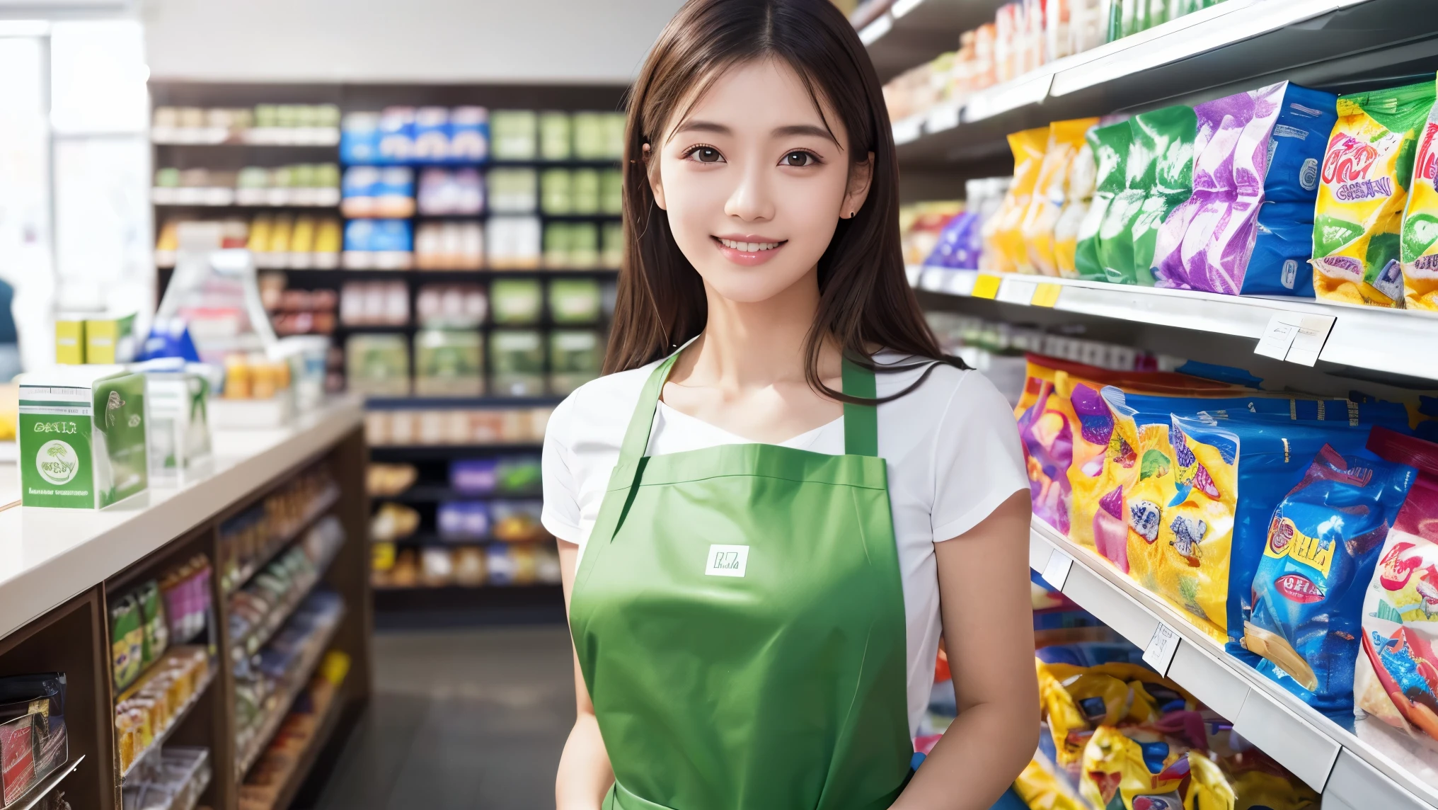 (highest quality、table top、8K、best image quality、Award-winning work)、a woman working at a convenience store、(The most natural and perfect green plain simple apron:1.3)、(simple green apron:1.2)、classy shirt、(big breasts:1.1)、(emphasize body line:1.1)、(standing elegantly:1.1)、beautiful woman portrait、The most natural and perfectly organized convenience store、Convenience store shelves in the background、Perfectly organized shelves、Regularly arranged natural product shelves、(very bright and vivid:1.2)、Strongly blurred background、look at me and smile、(accurate ???????:1.1)、Super high resolution perfect beautiful teeth、Ultra high definition beauty face、ultra high definition hair、Super high-definition sparkling eyes、(輝く超高解像度のShining beautiful skin:1.3)、(Shining beautiful skin:1.2)、Super high resolution glossy lips