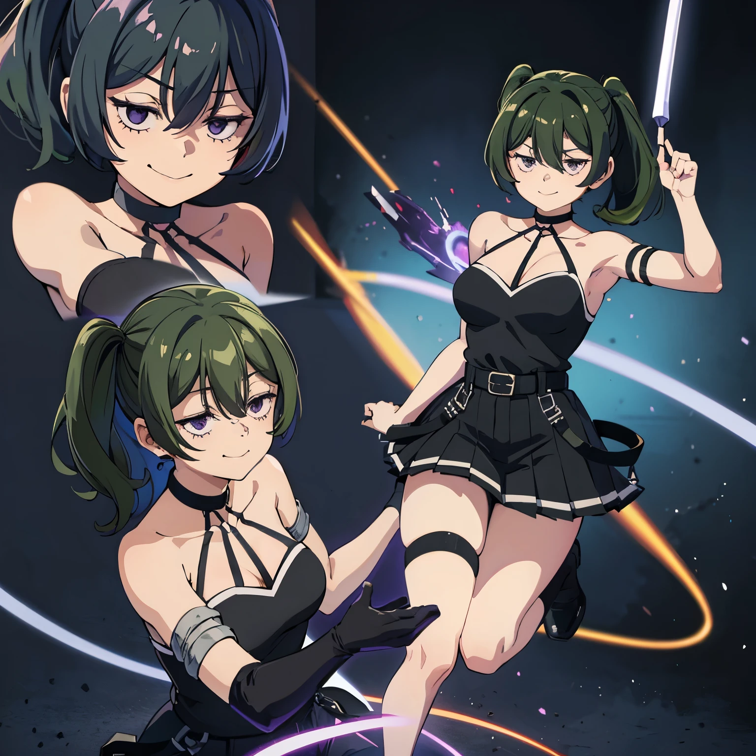 core_9, score_8_up, score_7_up, score_6_up, score_5_up, score_4_up, source_anime, screenshot, Uber, 1 girl, green hair, bangs, hair between the eyes, side ponytail, purple eyes , black choker, collarbone, sleeveless , black dress, sleeveless dress, halter neck, pleated skirt, black gloves, smile, half-closed eyes, full body, angry face, scene fighting a monster, holding a magic wand