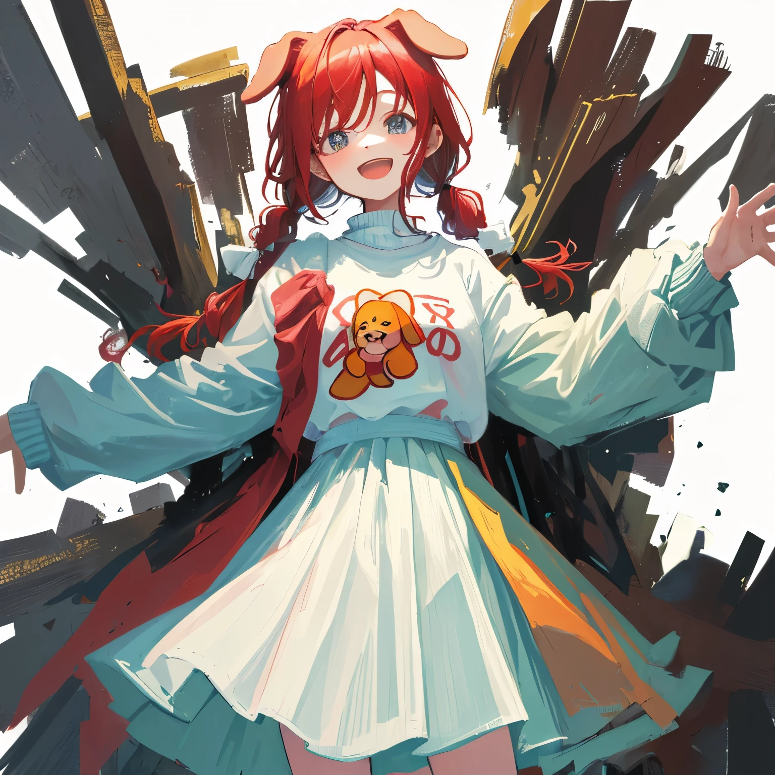 ,(masterpiece:1,2), highest quality, masterpiece, High resolution, original, highly detailed wallpaper, looking at the viewer,,,1 girl,alone,1 girl, alone, (white background:1.4), Are standing, corone default,red hair,low twintails,sweater,long skirt,1 girl, alone, (white background:1.4),Are standing, cowboy shot, Low twin braid,dog tail, :\3、laughter、open your mouth,(droopy dog ears:1.5)