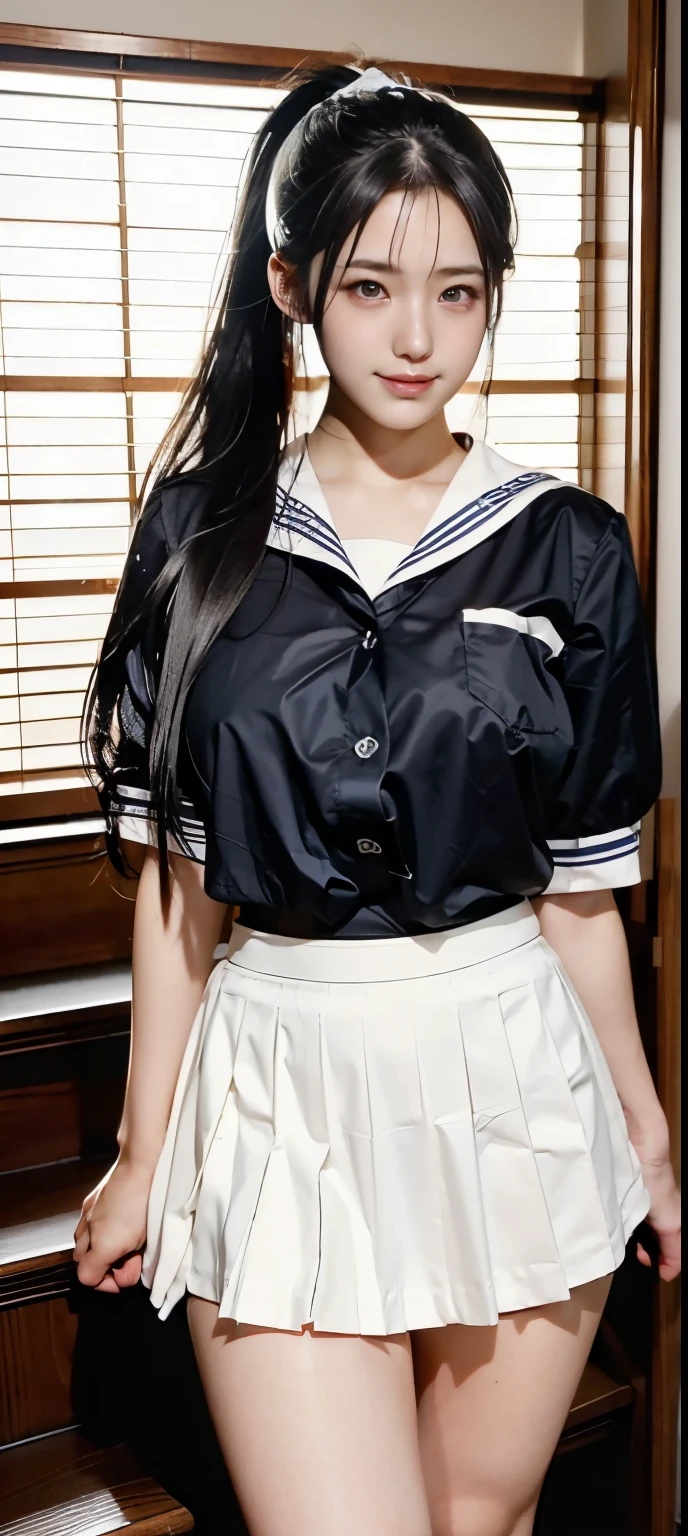 ((Japan&#39;s most beautiful high school girl))、((18 year old Mizu々Shishi Body))((beautiful white skin))((Too big and young breasts))、((Long black hair ponytail))、((She has the face of a serious young lady like the chairman type.))((high school girl uniform))、((too short skirt))、((hair tie on arm))、((Roll up your sleeves))、((Looking down at me from the top of the stairs at home))、((A glimpse of white underwear is visible))、((angelic smile))、((Super realistic texture))、((Monday Tawawa))