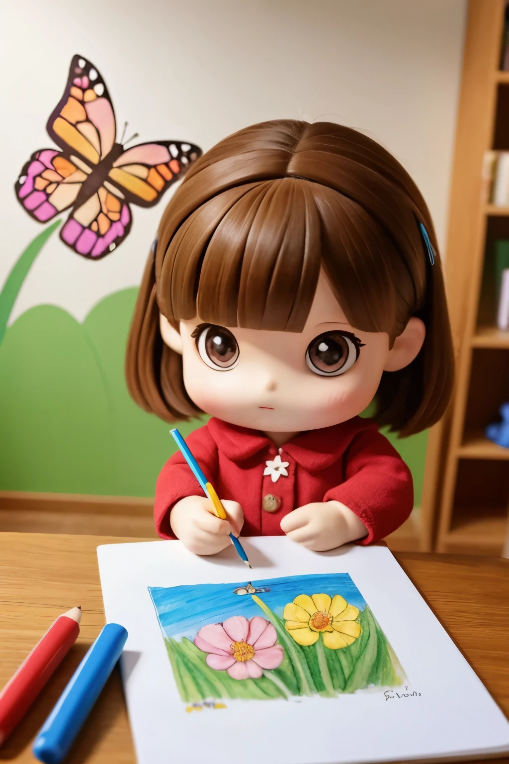 The following scenes will be expressed using chibi girl dolls.(Photoreal、A girl is drawing pictures of tulip flowers and butterflies on the wall with crayons.、The picture is a child's doodle, but it's very colorful.)