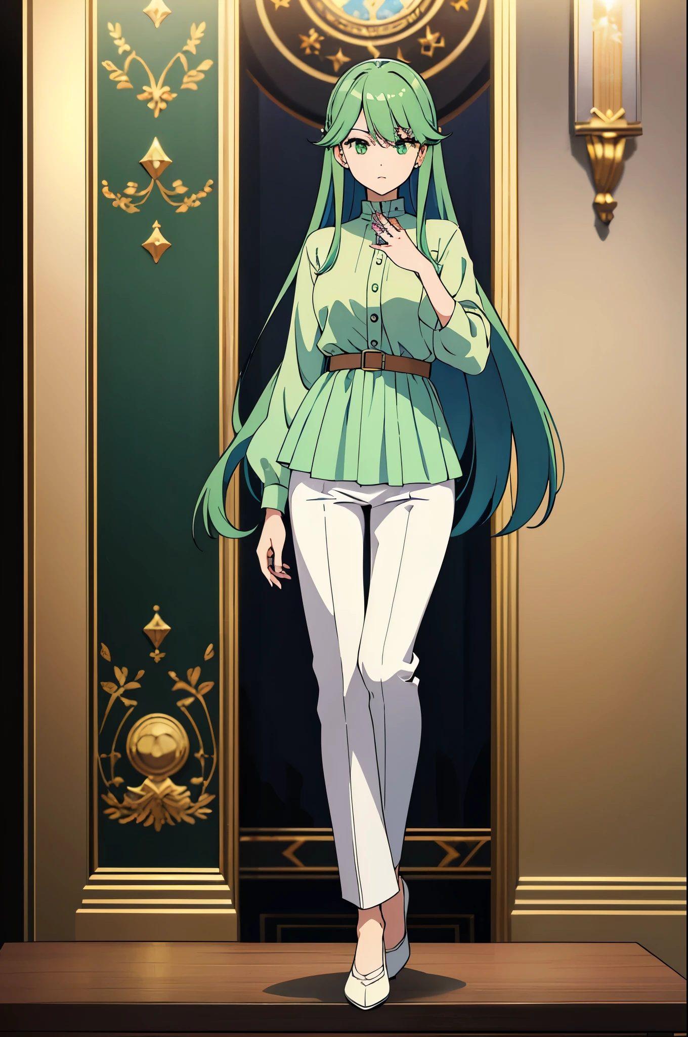 (high quality, breathtaking),(expressive eyes, perfect face) ((最high quality)), ((masterpiece)), (be familiar with), (whole body), Are standing, めちゃくちゃbe familiar with, ultra high resolution, super detailed, perfectly symmetrical face, highly detailed eyes, super beautiful, Perfect body balance, Hand shape with attention to detail, Finger shape with attention to detail, Foot shape with attention to detail, one woman, green hair, green eyes, wearing a blouse, wearing pants