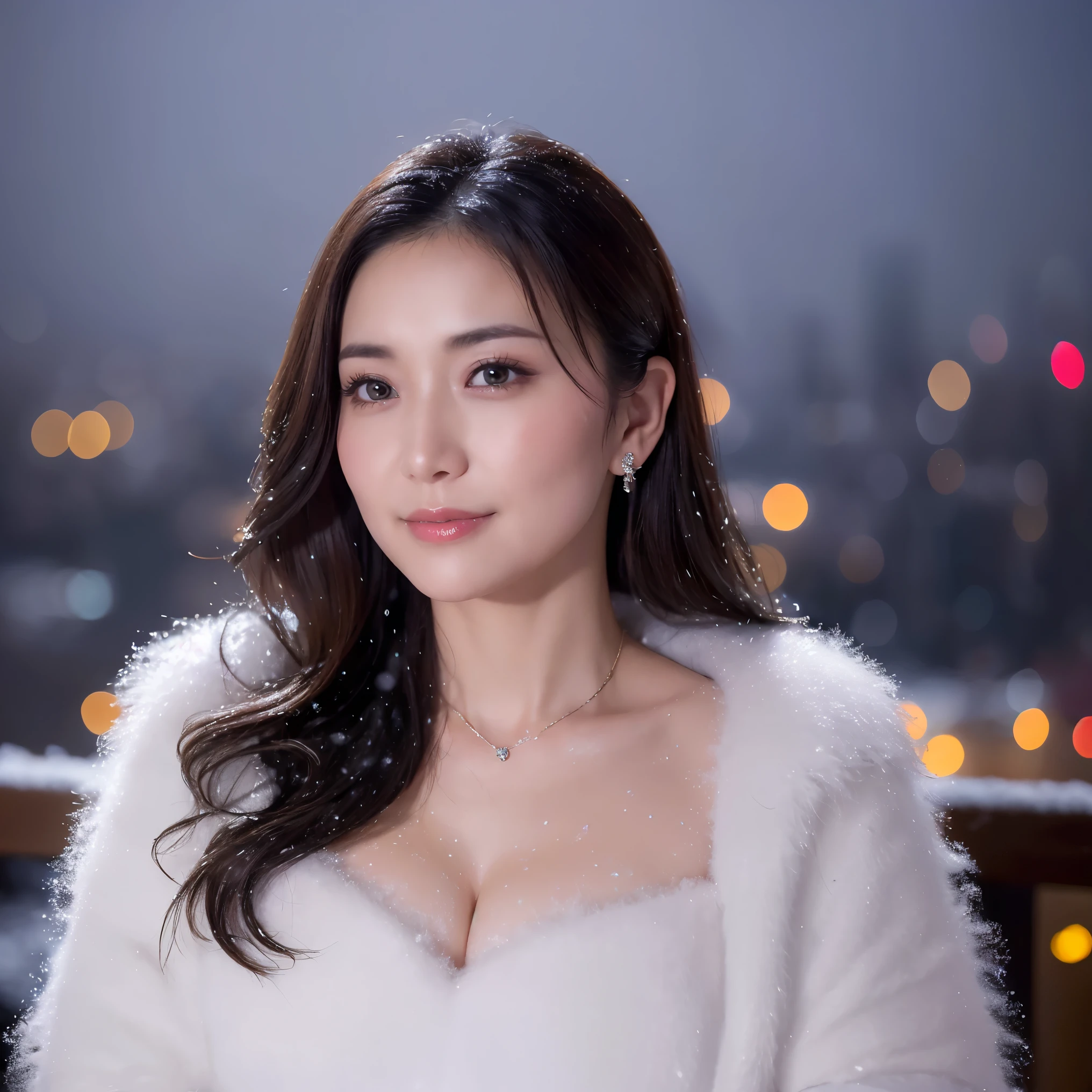 ((highest quality、table top、8K、best image quality、Award-winning work))、one beautiful mature woman、45 year old mature woman、look at me and smile、(close up of face:1.4)、(cleavage:1.1)、(big breasts:1.1)、(Perfect and classy thick fur coat:1.3)、epic movie lighting、(romantic love feelings:1.2)、(The most romantic and moody atmosphere:1.2)、(winter city:1.1)、Snow scenery of the city:1.1)、(The snow in the air sparkles finely:1.2)、(that&#39;It&#39;s snowing heavily:1.1)、(Tyndall effect:1.1)、(Night view of a snowy city:1.5)、Shining beautiful skin、(accurate anatomy:1.1)、Ultra high definition beauty face、long eyelashes、natural makeup、ultra high definition hair、ultra high resolution eyes、(超高解像度でShining beautiful skin:1.1)、Super high resolution glossy lips、radiant beautiful skin