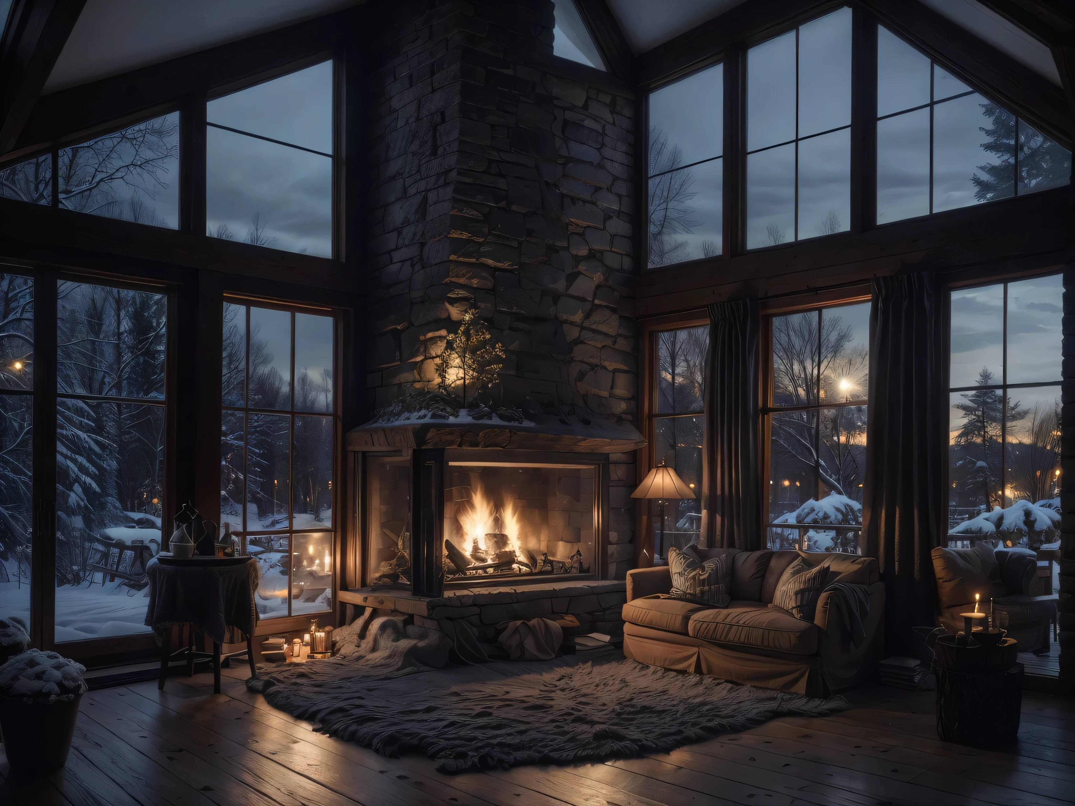 arafed room with a fireplace and a couch in front of a window, warm interior, cozy environment, cozy living room, warm living room, cozy setting, cozy place, cozy wallpaper, cozy atmospheric, cozy living room interior, cozy and calm, cozy home background, cozy and peaceful atmosphere, winter setting, heavy winter aesthetics, very cozy, cozy living room background